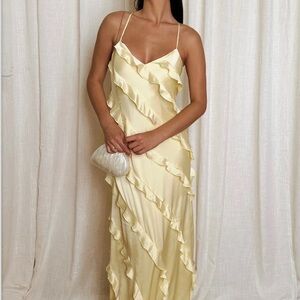 Show Me Your Mumu Romance Ruffle Dress in 
Pale Yellow Luxe Satin
